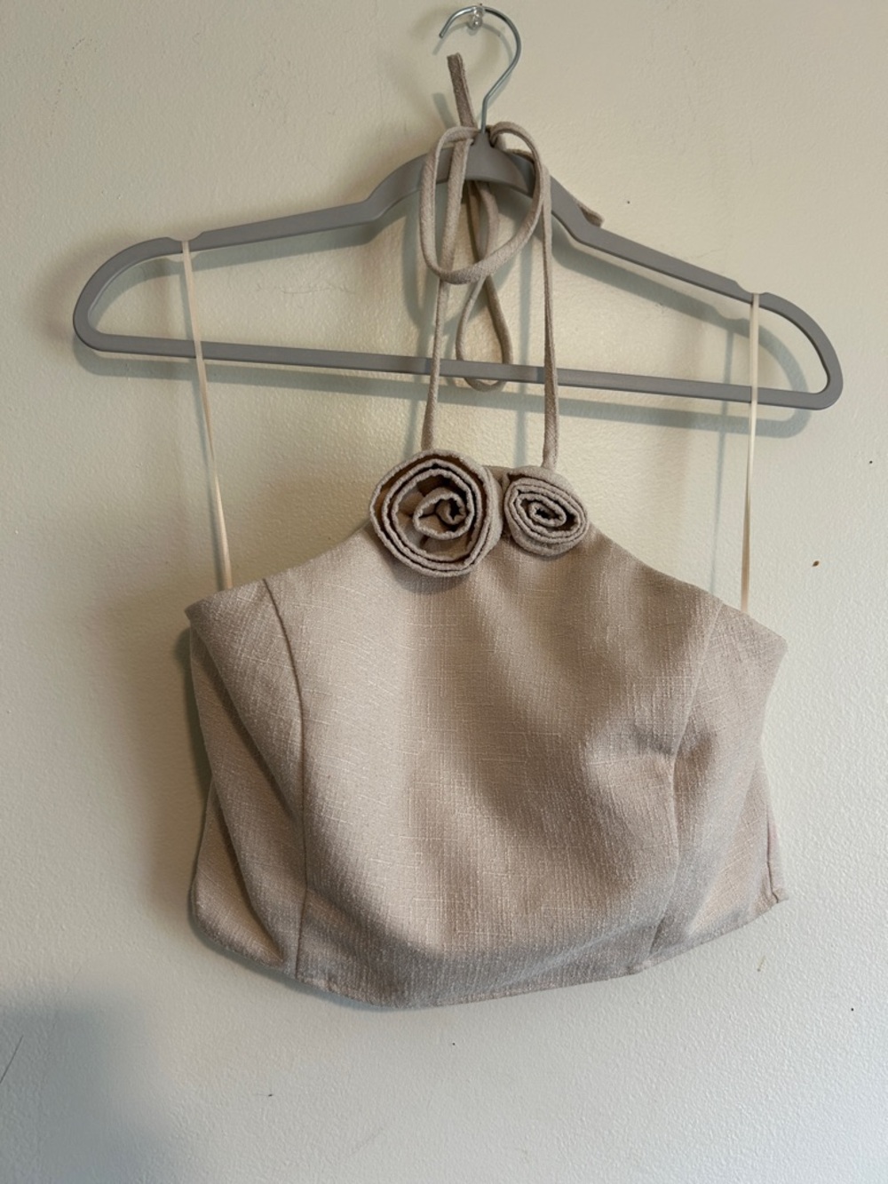 Le Lis Anthropologie Cream Halter Crop Top with Rosette Accents